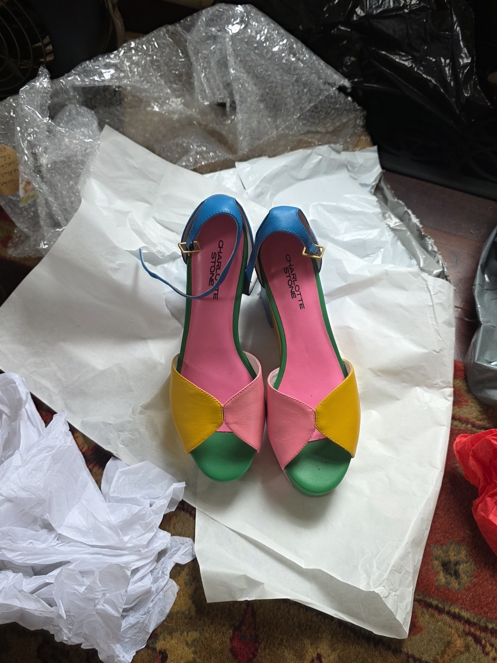 Charlotte Stone Multicolor Leather Open-Toe Heels - Pink/Yellow/Green/Blue